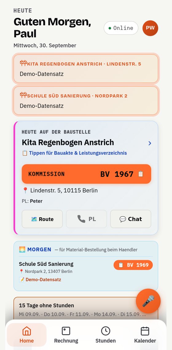 Startseite der Mitarbeiter-App im hellen Modus