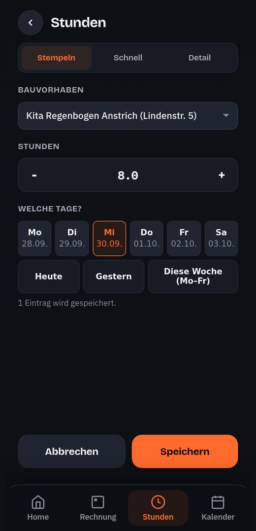 Stunden je Bauvorhaben in der App buchen