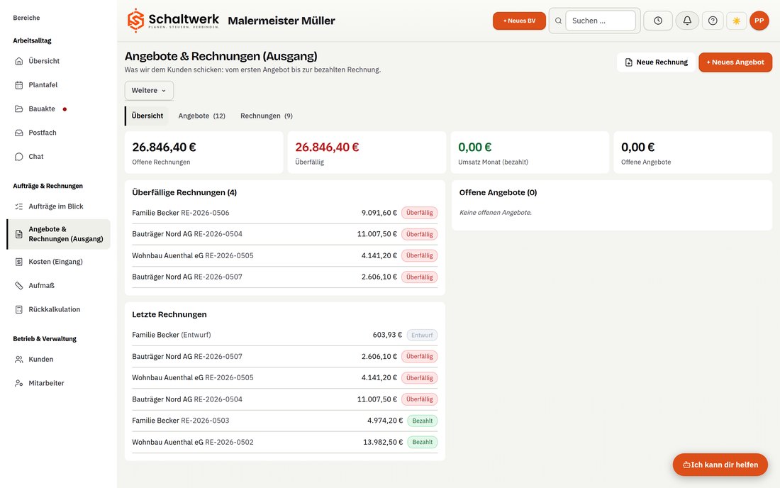 Angebote und Rechnungen im hellen Modus, mit Demodaten